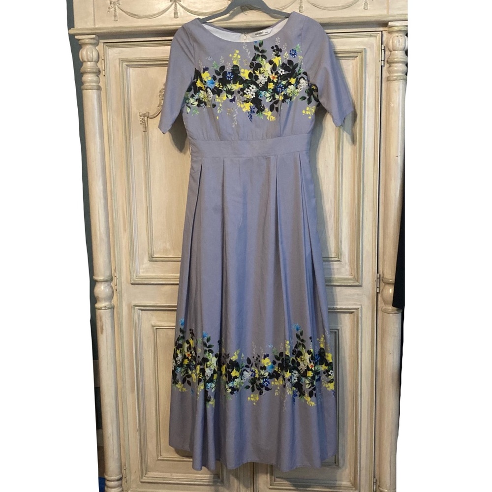 EShakti Unique Long Grey Blue and Yellow Floral Vintage Style Dress sz 2 or 4